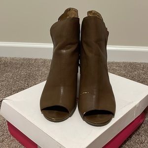 Open toe brown heel booties